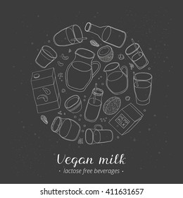 Hand drawn outline vegan drinks composed in circle shape. Coconut, soy, hazelnut, cashew, oat, rice, quinoa, hemp, almond milk.
