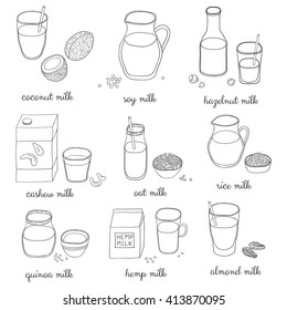 Hand drawn outline vegan drinks isolated on white background. Coconut, soy, hazelnut, cashew, oat, rice, quinoa, hemp, almond milk.