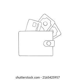 Hand drawn outline of a wallet with a credit card and dollar banknotes isolated on a white background. Money concept. Flat design. Vector illustration.