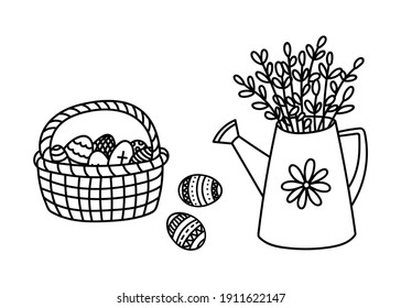 Hand drawn outline Watering Can with Willow branches and traditional Easter Holiday Painted Eggs Basket. Contour drawing Spring Gardening doodle set. Design elements for coloring page, poster, card