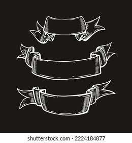 Hand drawn outline white color retro style ribbons set vector art illustration isolated on chalk board backaground.