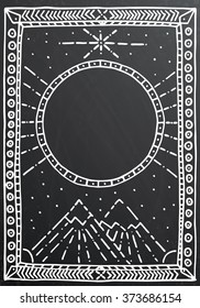 Hand drawn outline white frame on black chalk board. Vector illustration. Education or business concept with mountain and copy space.