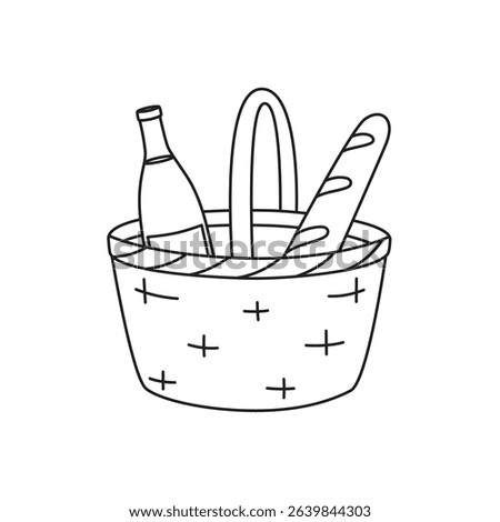Hand drawn outline wicker picnic basket with wine bottle and french bread. Editable stroke. Isolated vector illustration