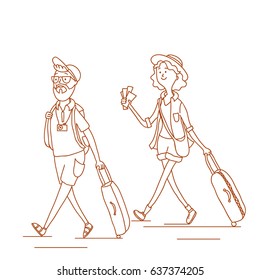 Hand drawn outline woman and man in airport. Travelers with luggage on airplane background. Line vector illustration of vacation. Arrival in terminal. Adult tourists in hat with bag walking to plane.