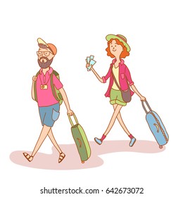 Hand drawn outline woman and man in airport. Travelers with luggage on airplane background. Line vector illustration of vacation. Arrival in terminal. Adult tourists in hat with bag walking to plane.