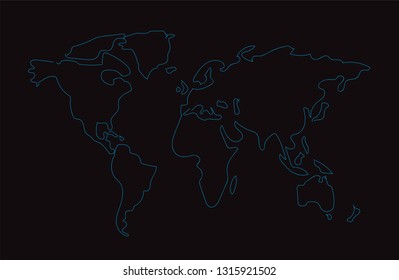 Hand drawn outline World Map blue neon color vector background