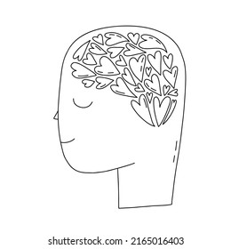 Hand drawn outline world mental health day illustration concept. Love yourself and take care of yourself character with big head and a lot heart inside. Minimal flat vector drawing.