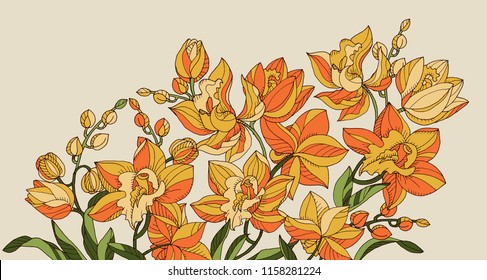 Hand drawn outline  yellow orchid flowers design element for header, card, invitation, poster, cover. Decorative tropical floral stock vector illustration
