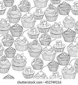 Hand drawn outlined black and white seamless pattern with cupcakes, cute background.