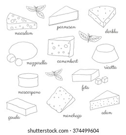 Hand drawn outlined cheese isolated on white background. Mozzarella, parmesan, dorblu, maasdam, ricotta, mascarpone, feta, gouda, manchego, edam.