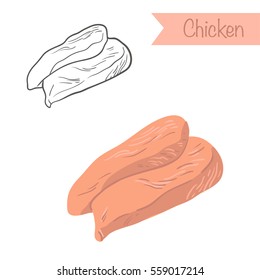 Hand drawn outlined and colored vector chicken fillet