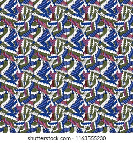 Hand drawn outlined colorful seamless pattern with cupcakes, cute background on white, blue and green. Sweets design. Vector illustration.