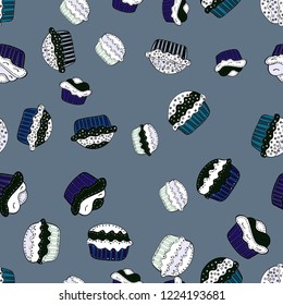 Hand drawn outlined colorful seamless pattern with cupcakes, cute background on neutral, gray and white. Sweets design. Vector illustration.