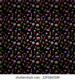 Hand drawn outlined colorful seamless pattern with cupcakes, cute background on black, purple and white. Vector illustration. Sweets design.