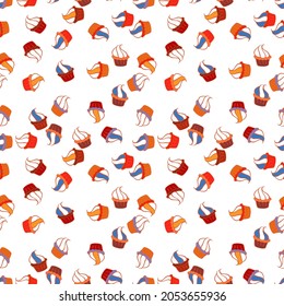 Hand drawn outlined colorful seamless pattern with cupcakes, cute background on white, red and orange. Vector illustration. Sweets design.