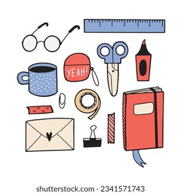 Hand drawn in outlined doodle style cute set with stationery, isolated vector illustration in cartoon design