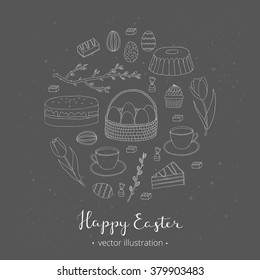 Hand drawn outlined easter eggs, cake, tea cup, candies, cupcake, basket, tulips, pussy willow twig composed in circle shape.