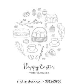 Hand drawn outlined easter eggs, cake, tea cup, candies, cupcake, basket, tulips, pussy willow twig composed in circle shape with lettering.