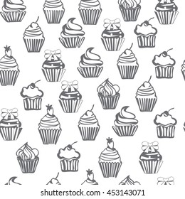 Hand drawn outlined monochrome seamless pattern with cupcakes, cute background.