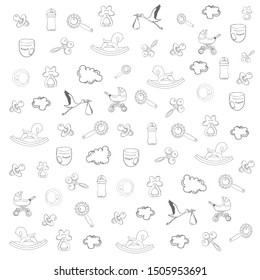 hand drawn outlined pattern with babies holiday elements such as dummy, baby bottle, stork, baby carriage, clouds, rattles, toys. vector illustration line art. 