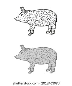 Mano dibujada delineó el cerdo sobre un fondo aislado. Diseño para la relajación espiritual para adultos. Arte a mano alzada. Diferentes opciones de color