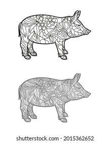 Hand drawn outlined pig on isolated background. Design for spiritual relaxation for adults. Freehand art. Different color options. Black and white illustration