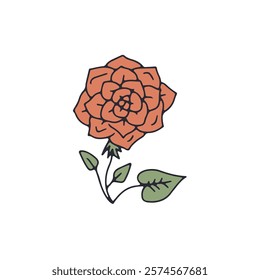 Hand drawn outlined red rose flower isolated on white background. Simple floral doodle sketch. Abstract botanical element.
