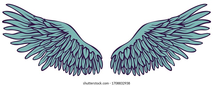 Hand drawn outlined simple turquoise spreaded wings with dark purple lines, vector