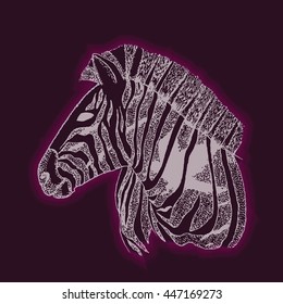 Hand drawn and outlined stylized vector illustration of zebra with glowing. Detailed engraved drawing in line art graphic style with dot elements. Tattoo design, textile, brochure.