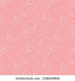 Ilustración de vector dibujada a mano - patrón de conchas marinas. Fondo marino rosado. Perfecto para invitaciones, tarjetas de felicitación, carteles, impresiones, pancartas, volantes, etc