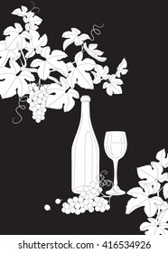 Hand drawn outlines branches with bunch of grapes, glass  and bottle of wine.  Black and white elements for coloring. Wine set isolated on dark background.