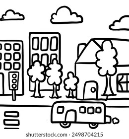 Hand drawn outlines of city with buildings, house, bus, street, tree, sky for background, wallpaper, colouring book, post card, environment, vacation, travel, road, architecture, work office, urban