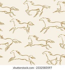 Hand drawn outlines silhouette of the horses, paint brush drawings, equestrian seamless pattern for fabric design and packaging