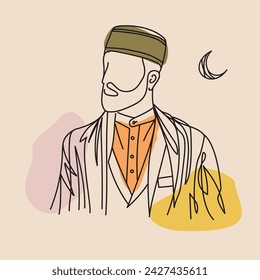 dibujado a mano contornos boceto estilo ilustración vectorial, un hombre en ropa musulmana con fondo de adorno de luna, símbolo de icono de Ramadán o Ed mubarak