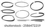 Hand drawn oval brush stroke. Ellipse vector doodle scribbles. Circle marker underlines for text. Round chalk frames on white background.