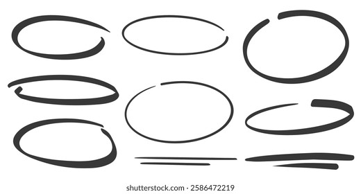 Hand drawn oval brush stroke. Ellipse vector doodle scribbles. Circle marker underlines for text. Round chalk frames on white background.