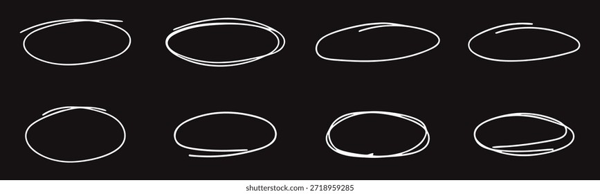 Dibujado a mano óvalo círculo resaltado sobre fondo oscuro. Anillos incompletos y bucles de marcadores para énfasis, selección, anotación y diseños de Diseños gráficos.