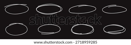 Hand drawn oval circle highlight set on dark background. Sketchy rings and marker loops for emphasis, selection, annotation, and graphic design layouts.