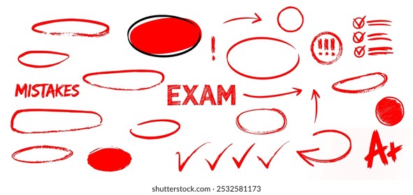 hand drawn oval or circles set highlighting mistakes. exam elements set. mark, grade, A+, check, arrows etc. hand drawn red exam paper or sheet elements. 