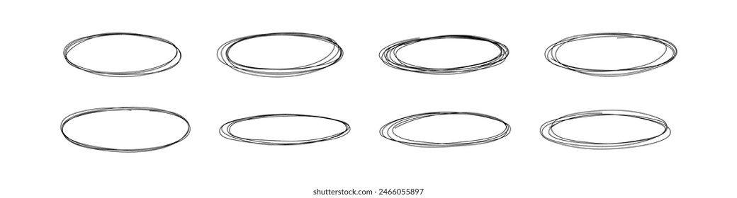 Hand drawn oval and circular shapes with pen and pencil. Scribbles, doodles, and brush strokes. sketch marker highlights and handwritten notes. Flat vector illustration isolated on white background.