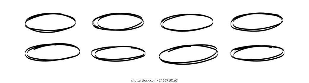 Hand drawn oval and circular shapes with pen and pencil. Scribbles, doodles, and brush strokes. sketch marker highlights and handwritten notes. Flat vector illustration isolated on white background.