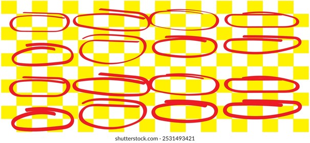 Formas oval e circular desenhadas à mão com caneta e lápis. Rabiscos, rabiscos e pinceladas. destaques do marcador de esboço e notas manuscritas. Ilustração de vetor plano isolada em fundo branco.