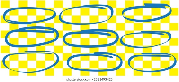 Hand drawn oval and circular shapes with pen and pencil. Scribbles, doodles, and brush strokes. sketch marker highlights and handwritten notes. Flat vector illustration isolated on white background.