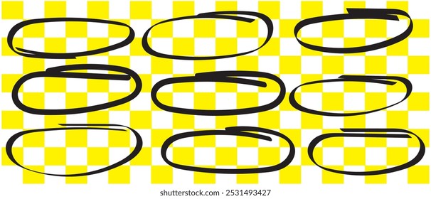 Hand drawn oval and circular shapes with pen and pencil. Scribbles, doodles, and brush strokes. sketch marker highlights and handwritten notes. Flat vector illustration isolated on white background.