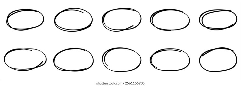 Hand drawn oval doodle line stroke. Line oval round vector brush stroke. Hand drawn oval sketch frame illustration on isolated background.