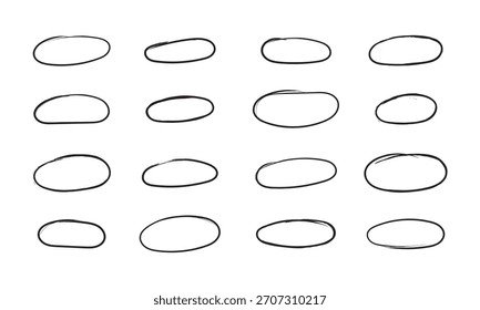Dibujado a mano de línea de doodle ovalado. Línea de Vector redondo ovalado trazo de pincel. Dibujado a mano ilustración de marco de boceto ovalado sobre fondo aislado.