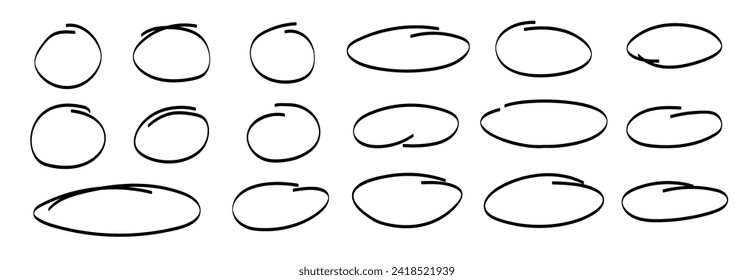 Hand drawn oval doodle stroke set. Line oval round vector brush. Oval hand drawn sketch frame illustration