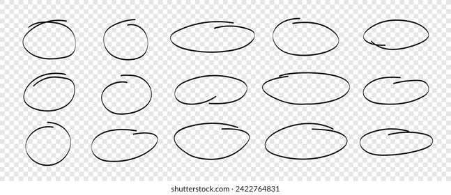 Handgezeichneter ovaler Hub-Set. ovale, runde Vektorbürste. Ovale, handgezeichnete Skizzenrahmengrafik