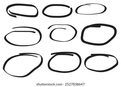 Dibujado a mano ovalado doodle stroke set. Cepillo de Vector redondo ovalado de línea. Ilustración de marco de boceto dibujado a mano ovalado