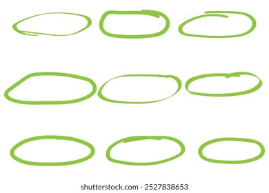 Handgezeichnetes ovales Doodle-Strichset. Linie oval runden Vektorpinsel. Ovale, handgezeichnete Skizzenrahmengrafik